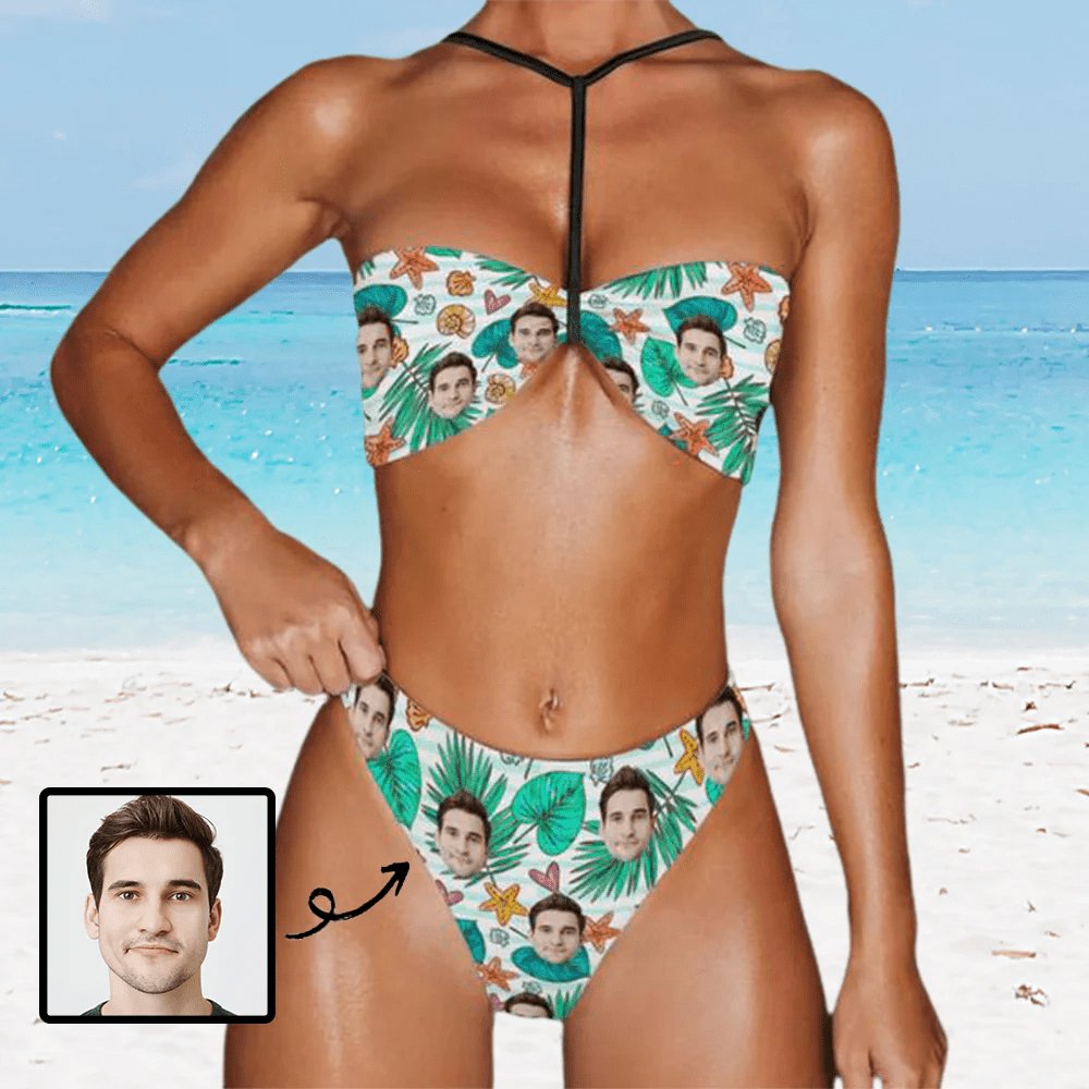 Custom Face Leaves Triangle Halterneck Bikini Personalized Two Piece Swimsuit - YesCustom