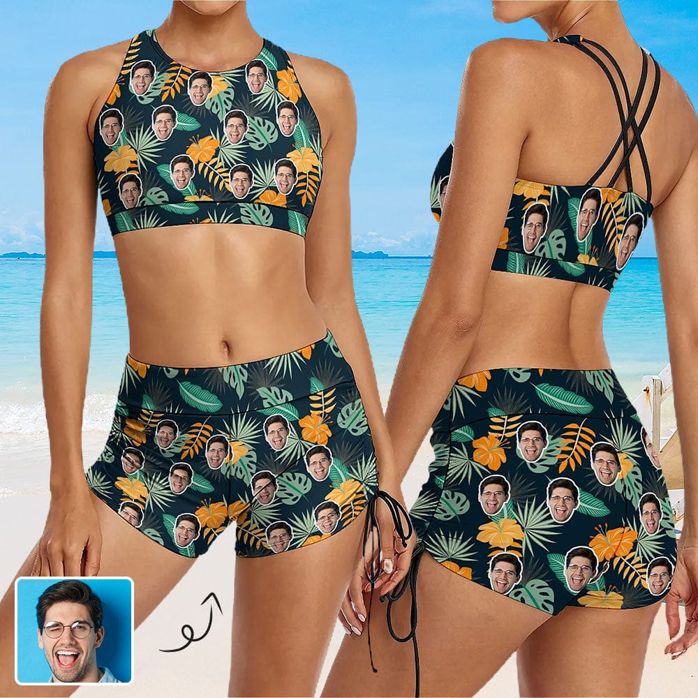 Custom Custom Face Leaves&Flowers Drawstring Boyshorts Bikini Set Personalized High Waisted Bikini Bathing Suit - YesCustom