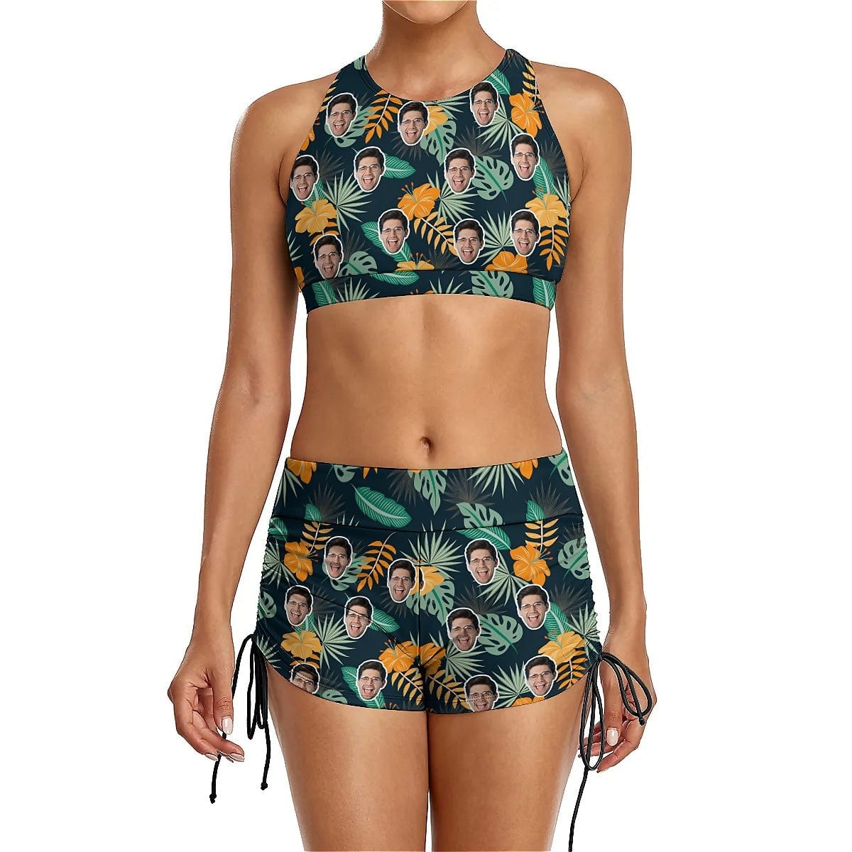 Custom Custom Face Leaves&Flowers Drawstring Boyshorts Bikini Set Personalized High Waisted Bikini Bathing Suit - YesCustom