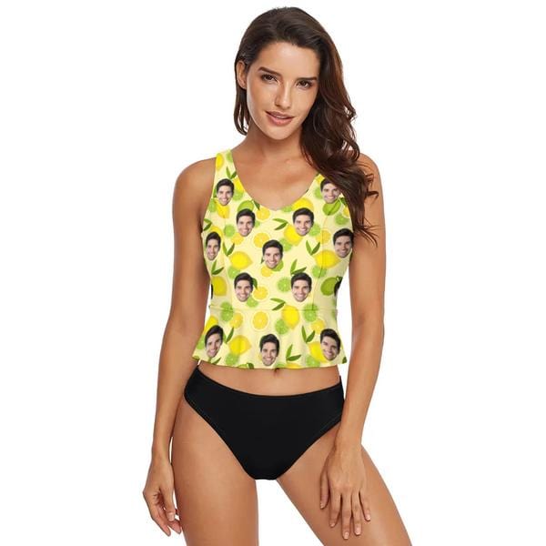 Custom Custom Face Lemon Pattern V-Neck Tankini For Women 2 Pieces Swimsuit - YesCustom