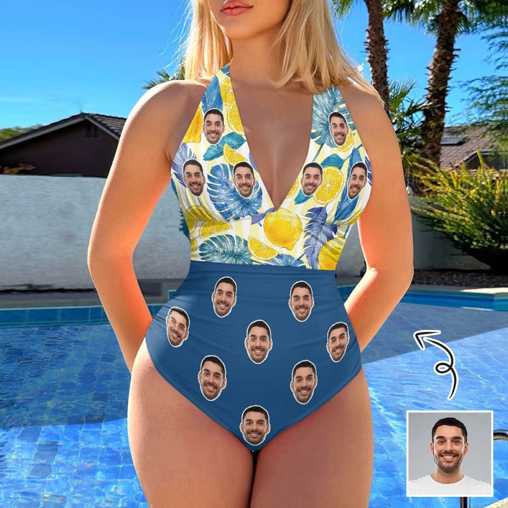 Custom Custom Face Lemon Women's Halter Neck Tie One Piece Swimsuit Sexy Backless Wide Straps V Neck - YesCustom