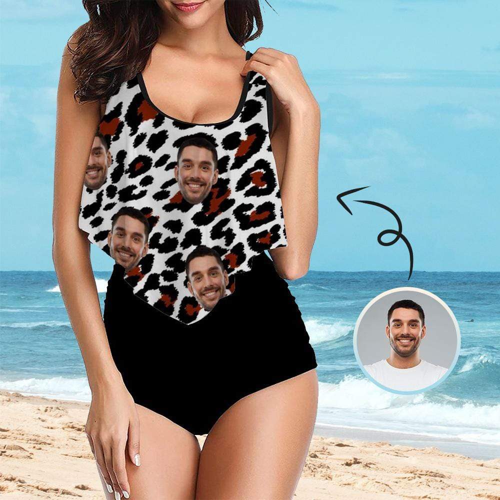 Custom Custom Face Leopard Black Ruffle Tankini Personalized Bathing Suit Women's Two Piece High Waisted Bikini Swimsuit Summer Beach Pool Outfits - YesCustom