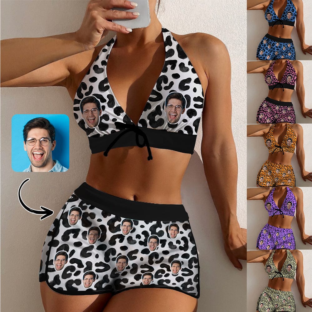Custom Face Leopard Boyshorts Bikini Set Personalized Halter V Neck Top Athletic Bathing Suit High Waisted Bikini - YesCustom