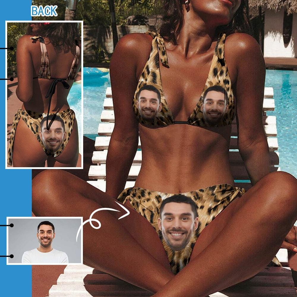 Custom Face Leopard Deep V Neck Tie Side Low Waisted Triangle Bikini Personalized Bathing Suit Women's Two Piece Swimsuit Summer Beach Pool Outfits - YesCustom