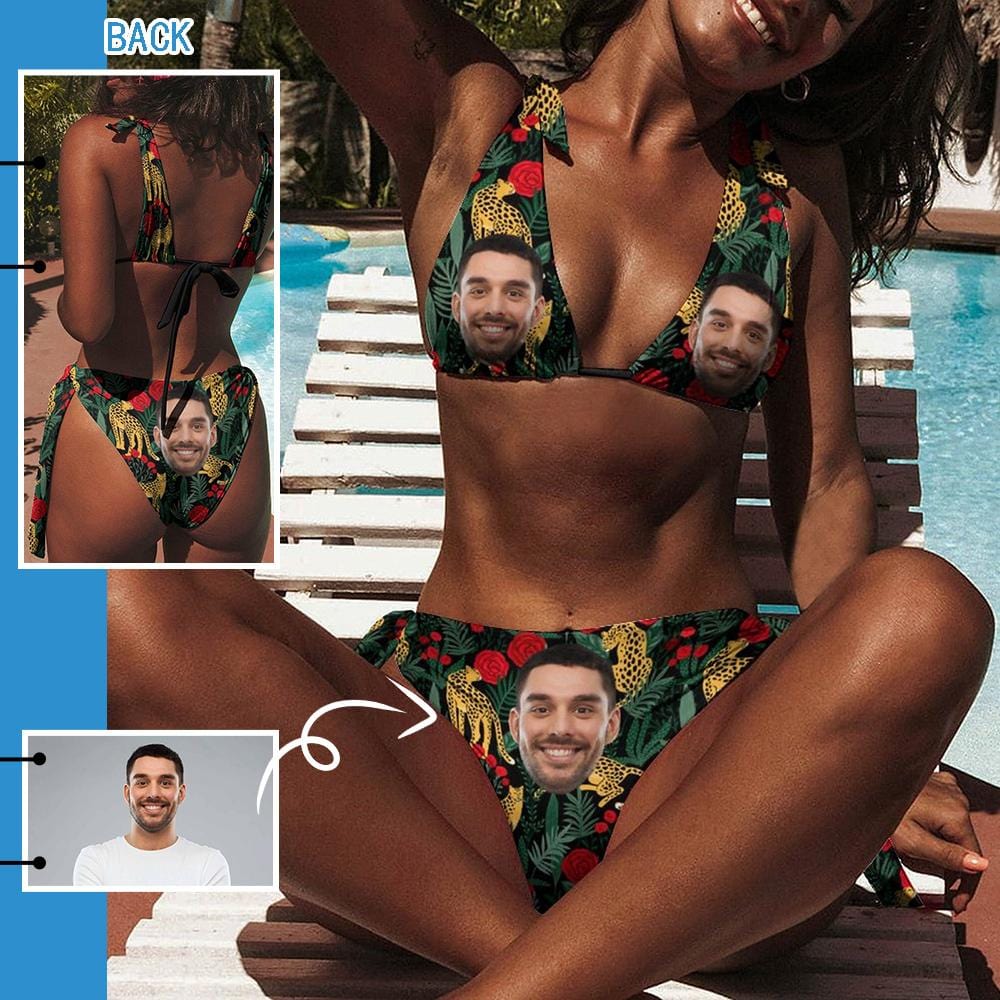 Custom Face Leopard Deep V Neck Tie Side Low Waisted Triangle Bikini Personalized Bathing Suit Women's Two Piece Swimsuit Summer Beach Pool Outfits - YesCustom