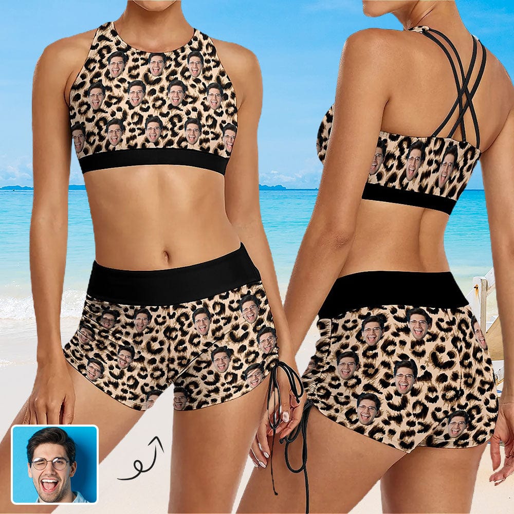 Custom Custom Face Leopard Drawstring Boyshorts Bikini Set Personalized High Waisted Bikini Bathing Suit - YesCustom