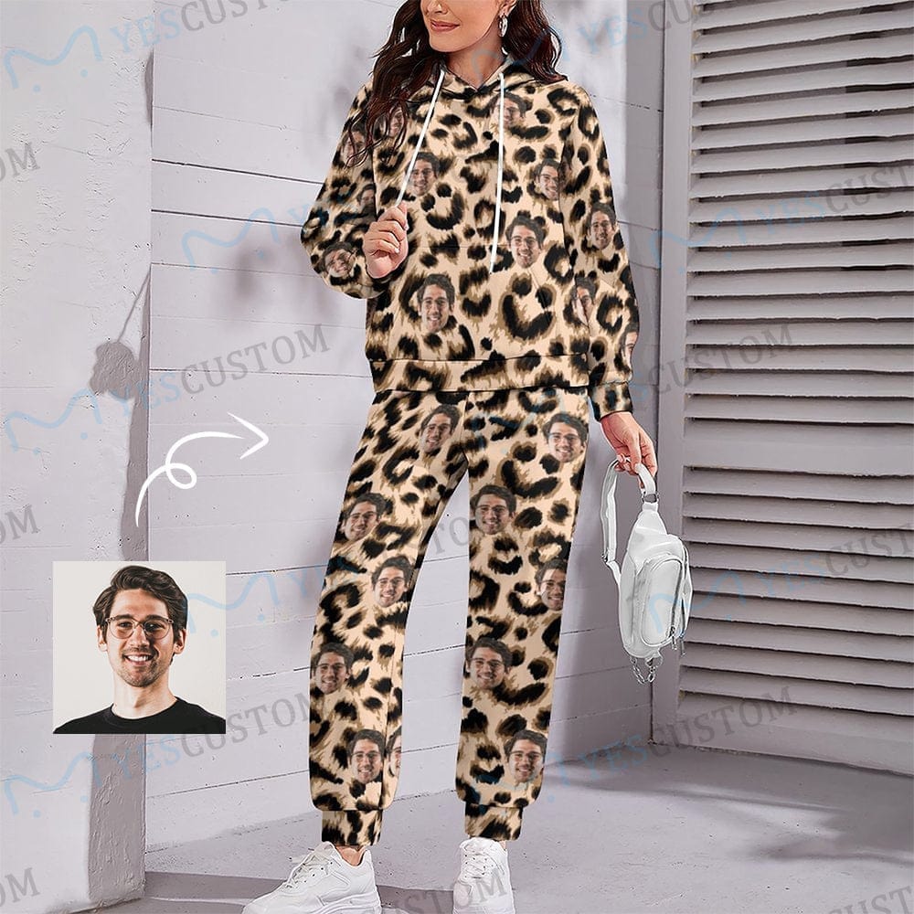 Custom Face Leopard Hoodie Sweatpant Set Personalized Unisex Loose Hoodie Top Outfits - YesCustom