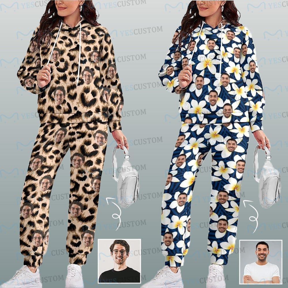 Custom Face Leopard Flower Hoodie Sweatpant Set Personalized Unisex Loose Hoodie Top Outfits - YesCustom