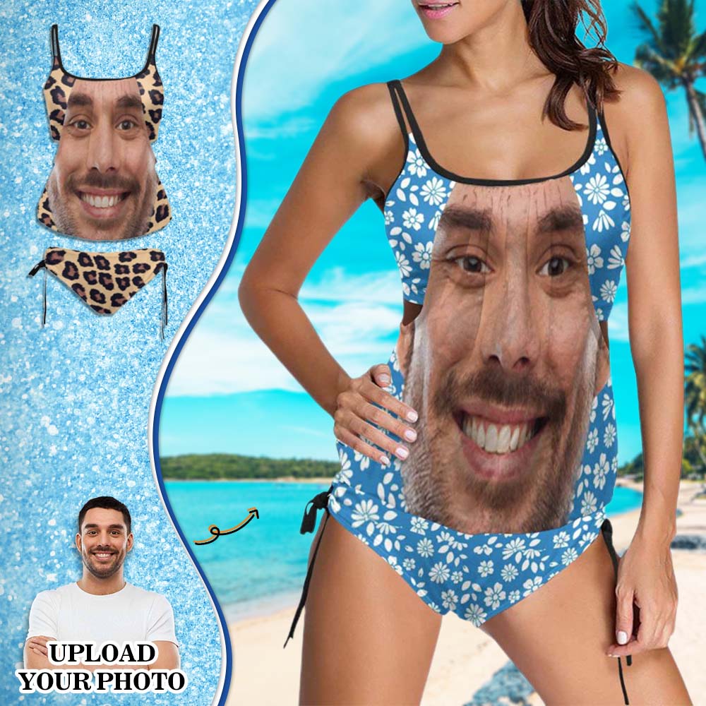 Custom Face Leopard Flower Swimsuit Personalized Womens Tankini Top Sets Bikini Two Piece Bathing Suit - YesCustom