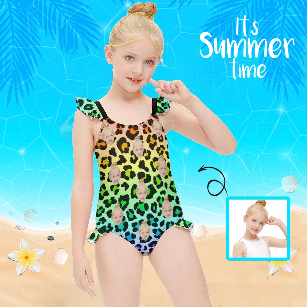 Custom Face Leopard Girls' Swimsuit One Piece Swimwear For Kids 6-12years - YesCustom