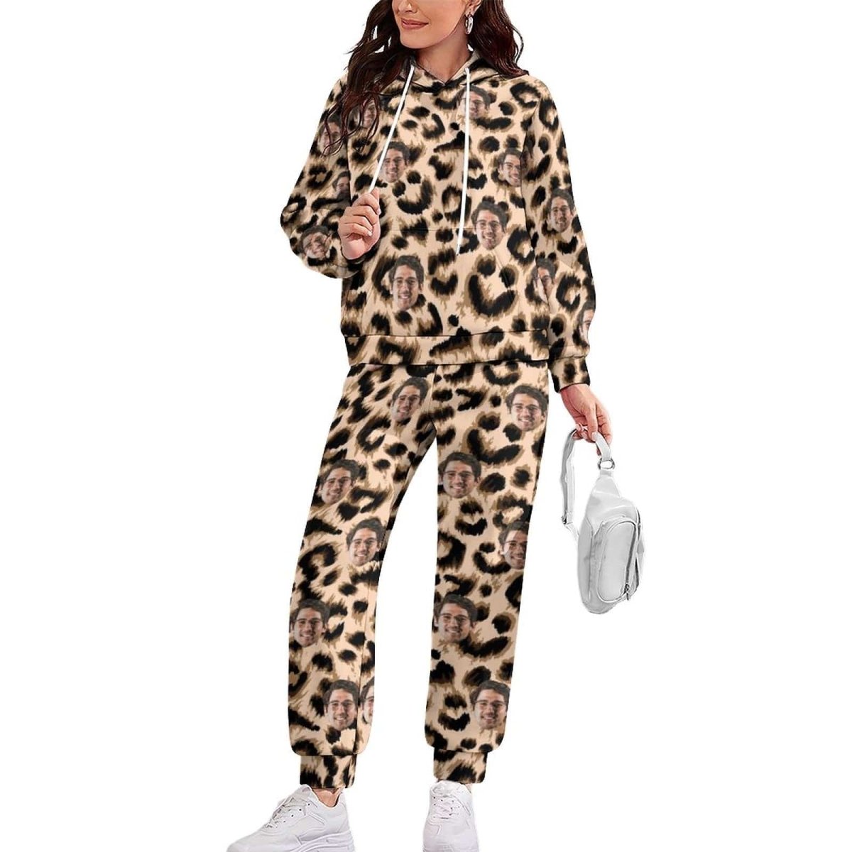 Custom Face Leopard Hoodie Sweatpant Set Personalized Unisex Loose Hoodie Top Outfits - YesCustom