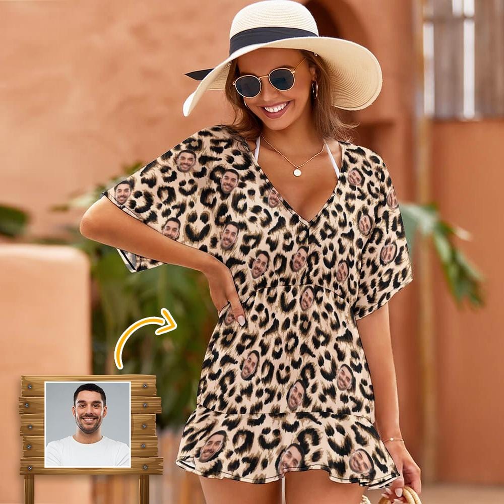 Custom Face Leopard One Piece Cover Up Dress Personalized Women's Short Sleeve Beachwear Coverups - YesCustom