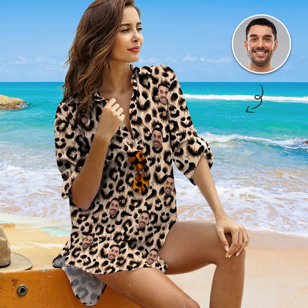 Custom Custom Face Leopard One Piece Cover Up Dress Thin Personalized Women's Short Sleeve Beachwear Coverups - YesCustom