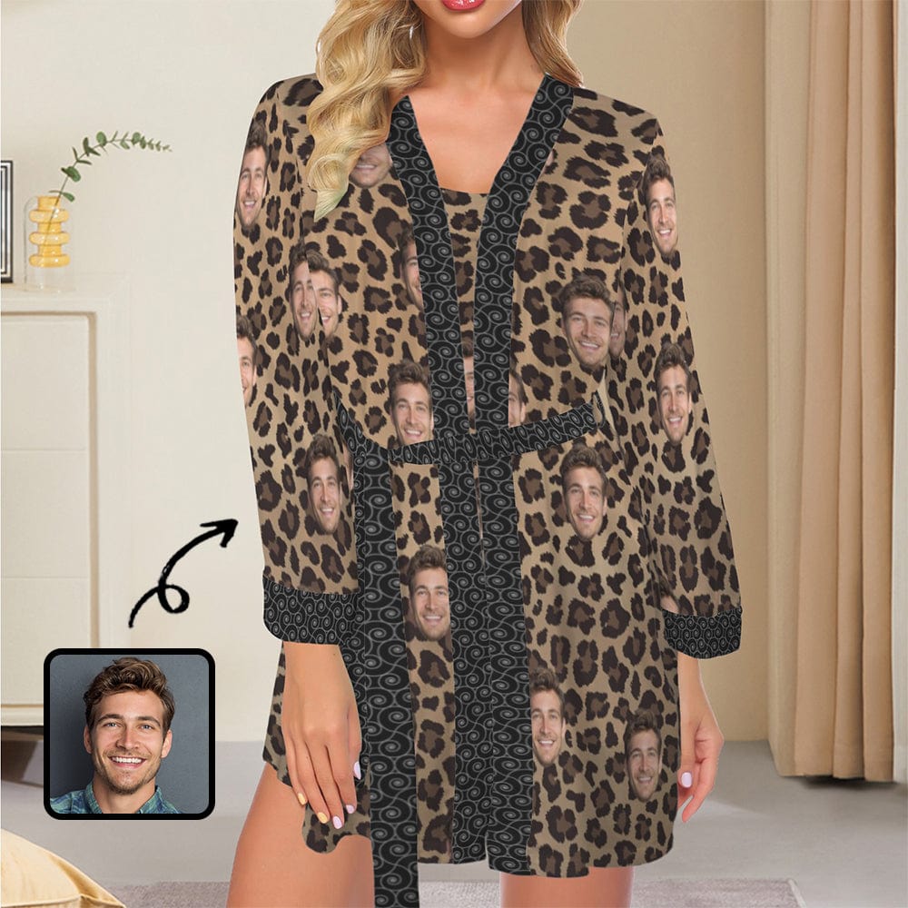 Custom Face Leopard Pajama Set Personalized Women's Pajama Robe&Camisole Sleep Dress - YesCustom