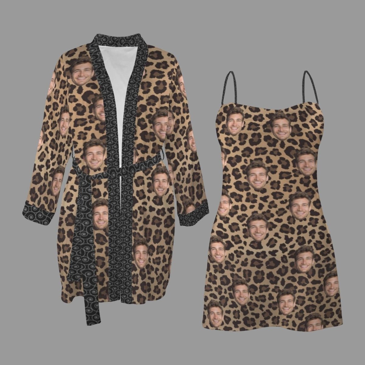 Custom Face Leopard Pajama Set Personalized Women's Pajama Robe&Camisole Sleep Dress - YesCustom