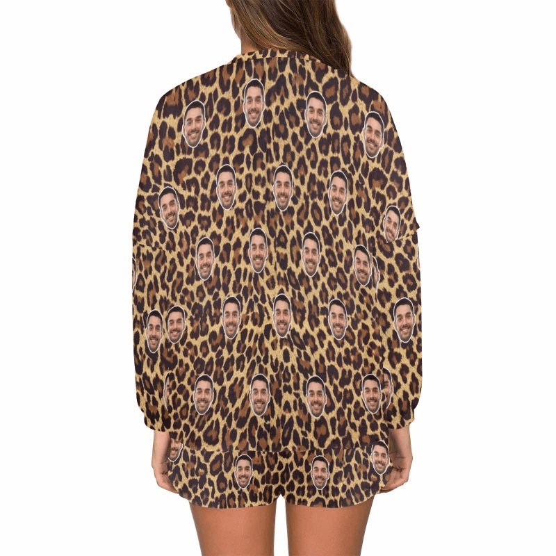 Custom Face Leopard Pajama Set Women's Long Sleeve Top and Shorts Loungewear Tracksuits - YesCustom