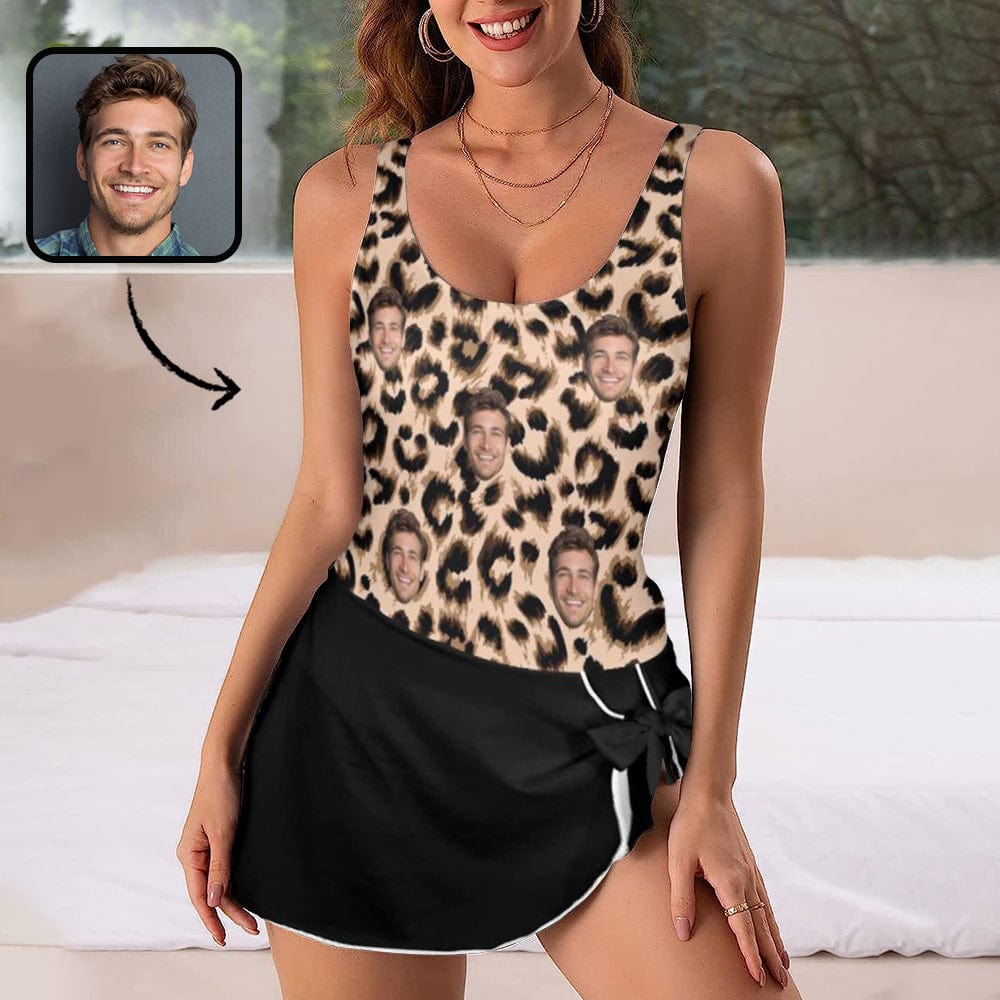 Custom Custom Face Leopard Pattern Top Women's One Piece Skirted Swimsuit - YesCustom