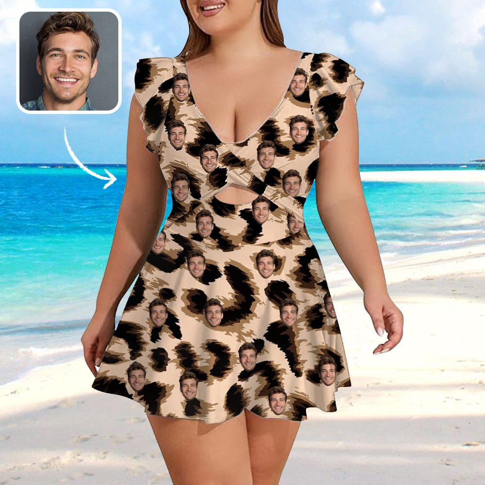 Custom Custom Face Leopard Pattern Women's Ruffle Sleeve Skirted Swimsuit - YesCustom