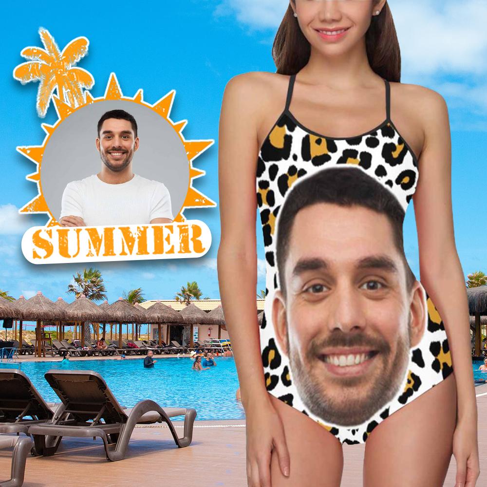 Custom Face Leopard Personalized Women's Slip One Piece Bathing Suit Honeymoons Party Swimsuits - YesCustom