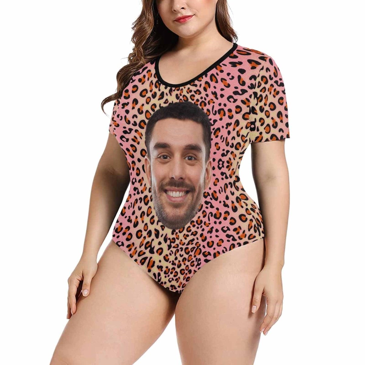 Custom Face Leopard Pink Women's Short Sleeve Bodysuit-Swimsuit-Bathing Suit - YesCustom
