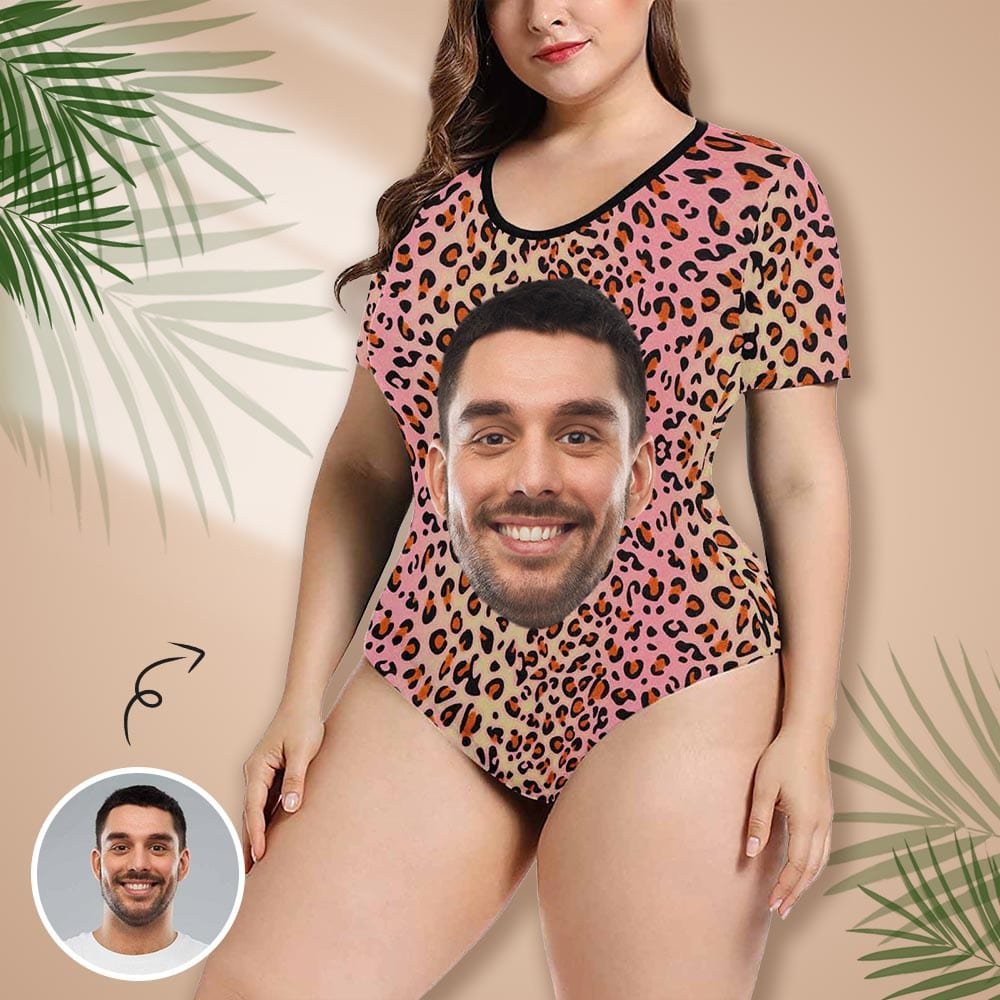 Custom Face Leopard Pink Women's Short Sleeve Bodysuit-Swimsuit-Bathing Suit - YesCustom