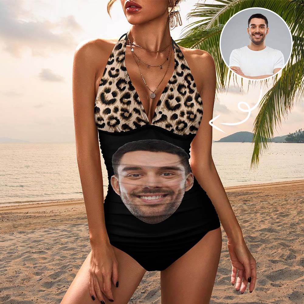 Custom Face Leopard Print Bathing Suit Personalized Womens Tankini Sets Bikini Two Piece Swimsuit - YesCustom
