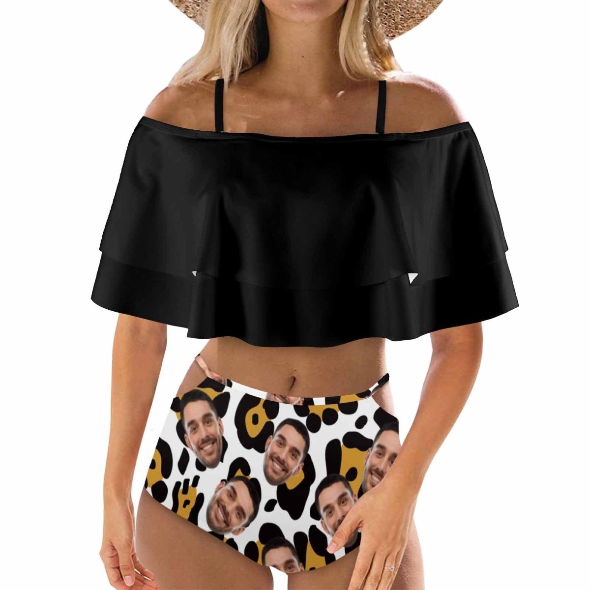Custom Custom Face Leopard Print Black Women's Two-Piece Off Shoulder or Sling 2 Ways to Wear Ruffle High Waisted Bikini Set - YesCustom