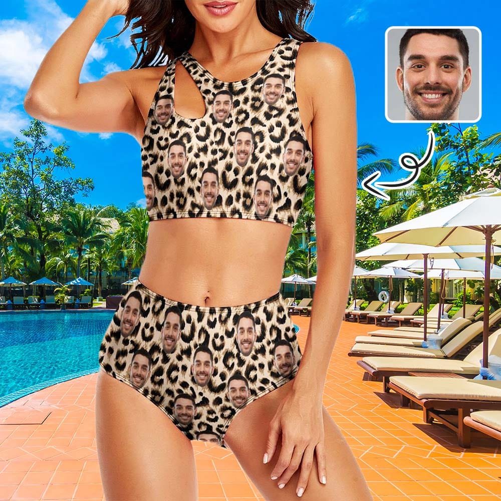 Custom Face Leopard Print Cutout Top High Waisted Bikini Personalized Women's Two Piece Swimsuit Beach Outfits - YesCustom