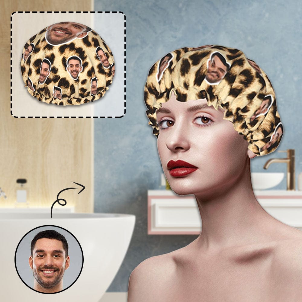 Custom Face Leopard Print Double Layer Waterproof Hat Women's Shower Cap - YesCustom