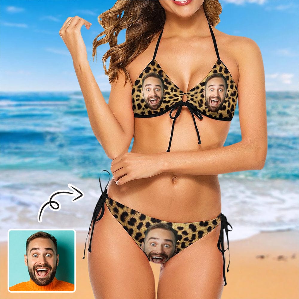 Custom Face Leopard Print Fashion Bikini Personalized Bathing Suit Women's Two Piece Swimsuit Summer Beach Pool Outfits - YesCustom