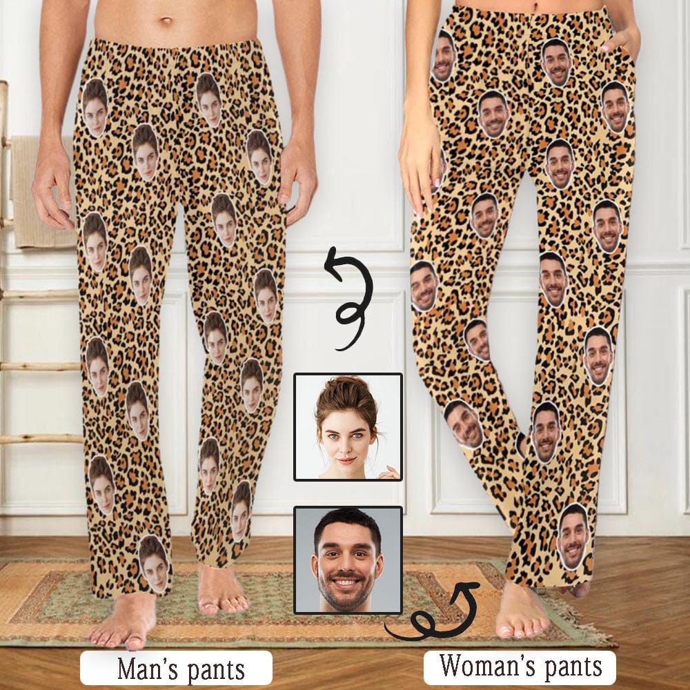 Custom Face Leopard Print Sleepwear Personalized Women's&Men's Slumber Party Long Pajama Pants - YesCustom