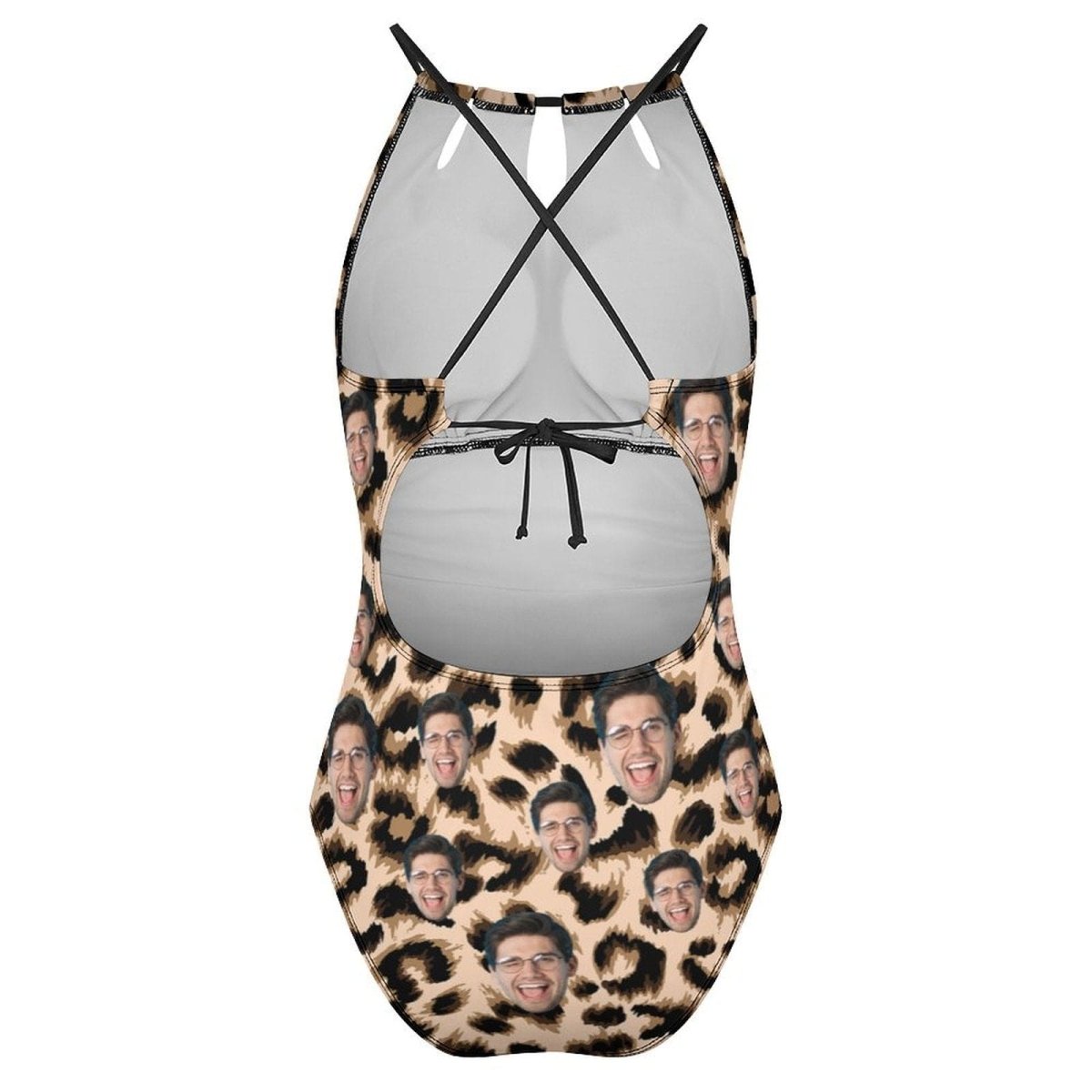 Custom Face Leopard Print Swimsuit Personalized Women's One Piece Backless Tie Swimsuit Face Bathing Suit - YesCustom