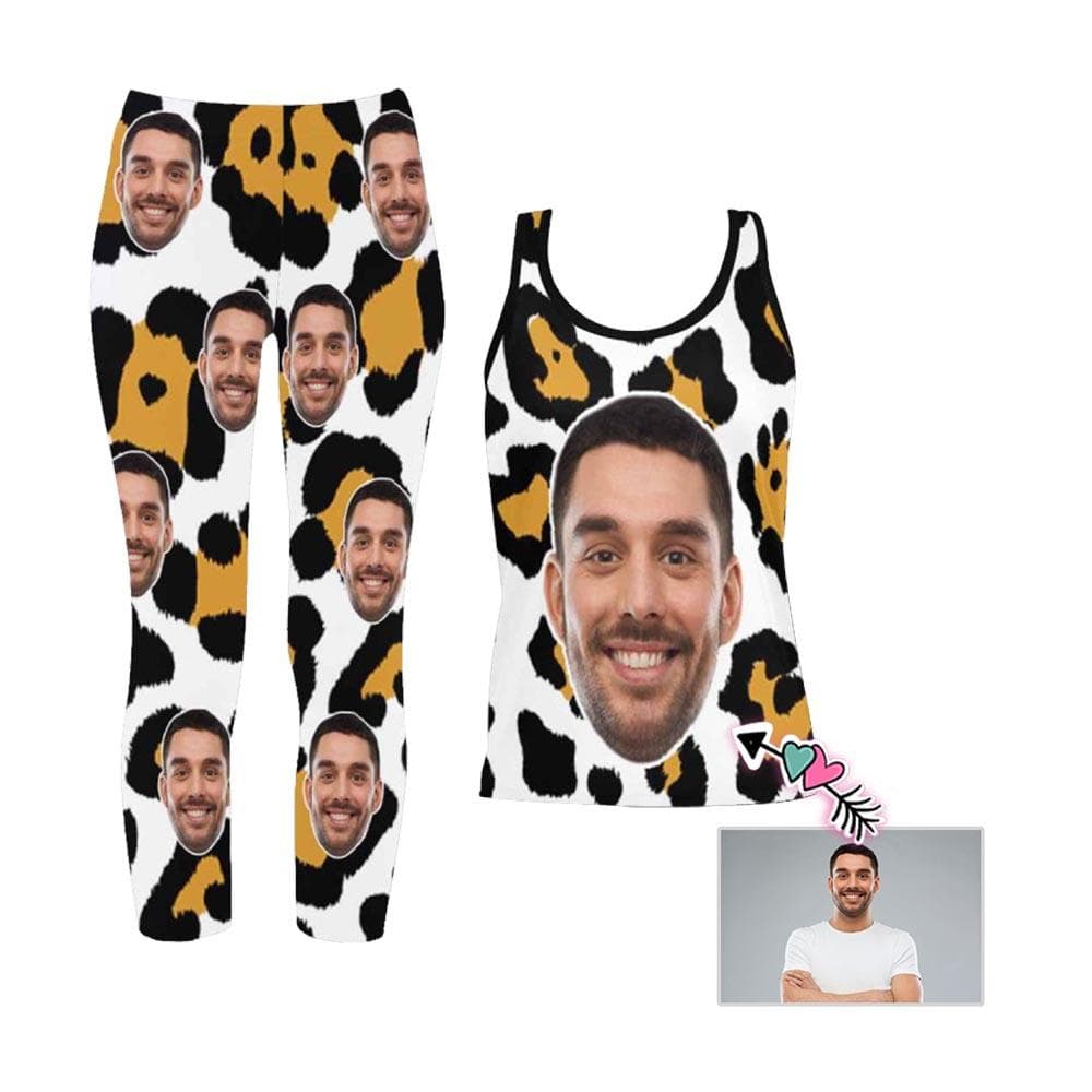 Custom Face Leopard Print Women's 2 Piece Stretchy Racerback Tank & Legging Set - YesCustom