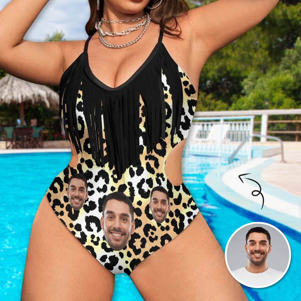 Custom Face Leopard Print Women's Fringe One Piece Swimsuit Personalized Bathing Suit for Her - YesCustom