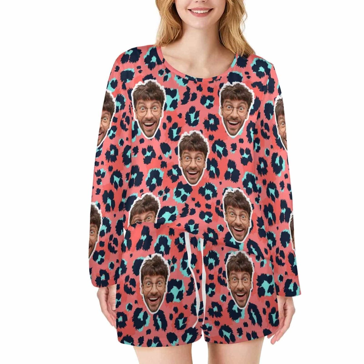 Custom Custom Face Leopard Print Women's Long Sleeve One Side Off Shoulder Short Pajama Set - YesCustom