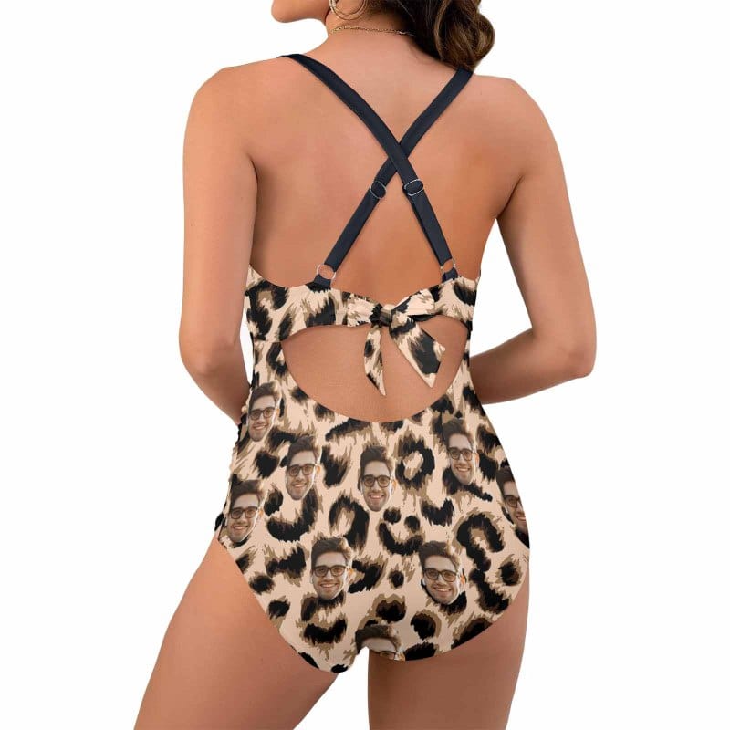 Custom Face Leopard Print Women's Twist Front Tie Back One Piece Swimsuit Face Bathing Suit - YesCustom