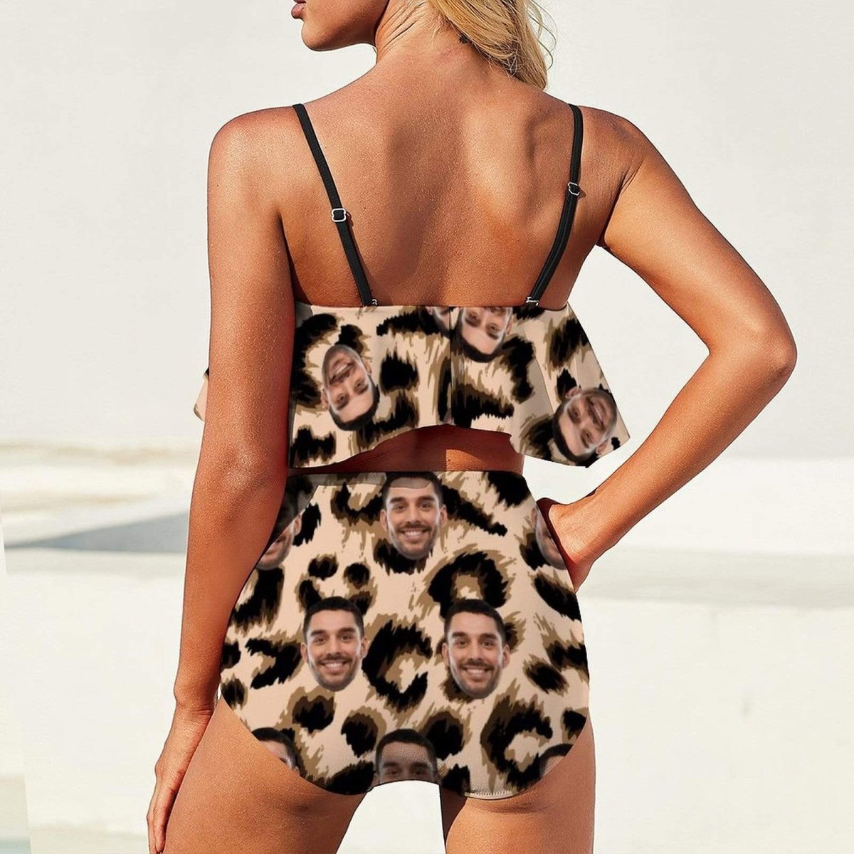 Custom Face Leopard Ruffle Bikini Personalized Bathing Suit Women's Two Piece High Waisted Bikini Swimsuit Summer Beach Pool Outfits - YesCustom