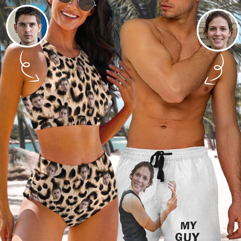 Custom Face Leopard Sexy Couple Matching Swimsuit Women's Bathing Suit Men's Swim Shorts - YesCustom