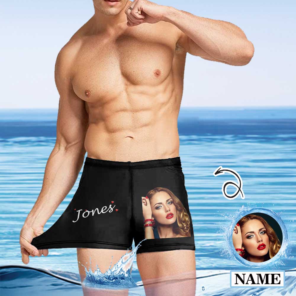 Custom Custom Face & Name Black Men's Athletic Swim Jammers Quick Dry Waterproof Compression Square Leg Swim Briefs Swimsuit - YesCustom