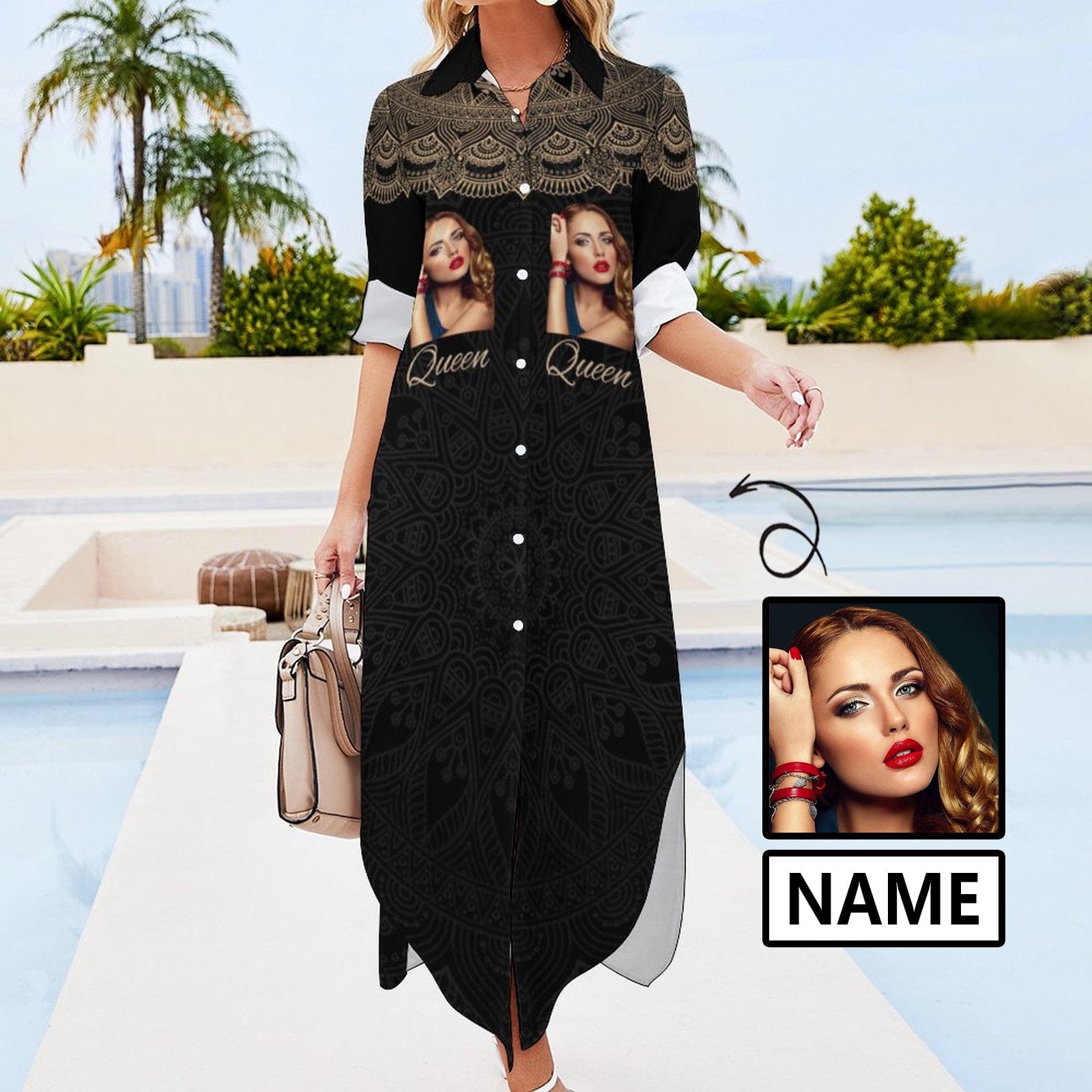Custom Custom Face & Name Black Pattern Women's Long Sleeved Shirt Dress Casual Loose Maxi Dresses - YesCustom
