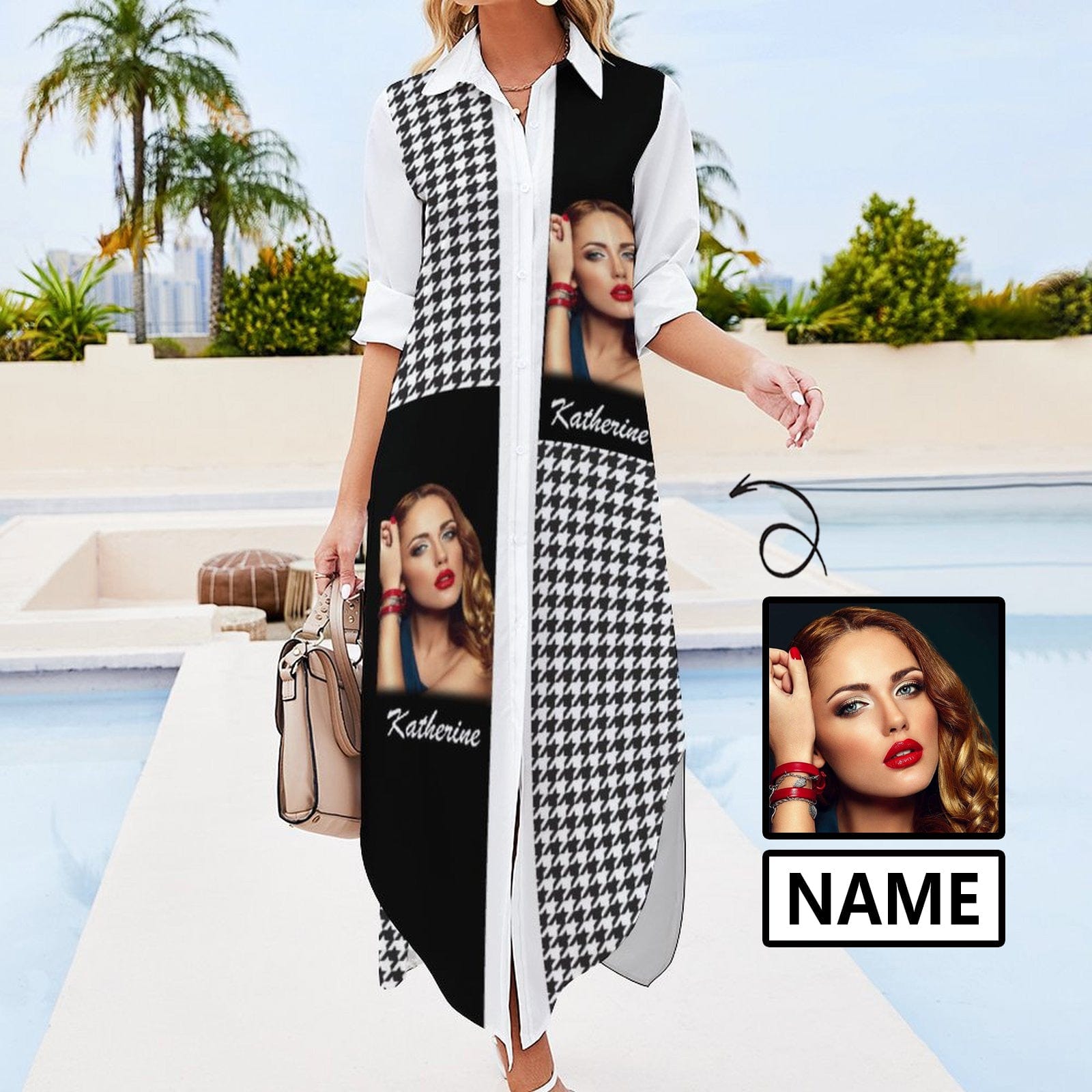 Custom Custom Face & Name Black White Houndstooth Women's Long Sleeved Shirt Dress Casual Loose Maxi Dresses - YesCustom