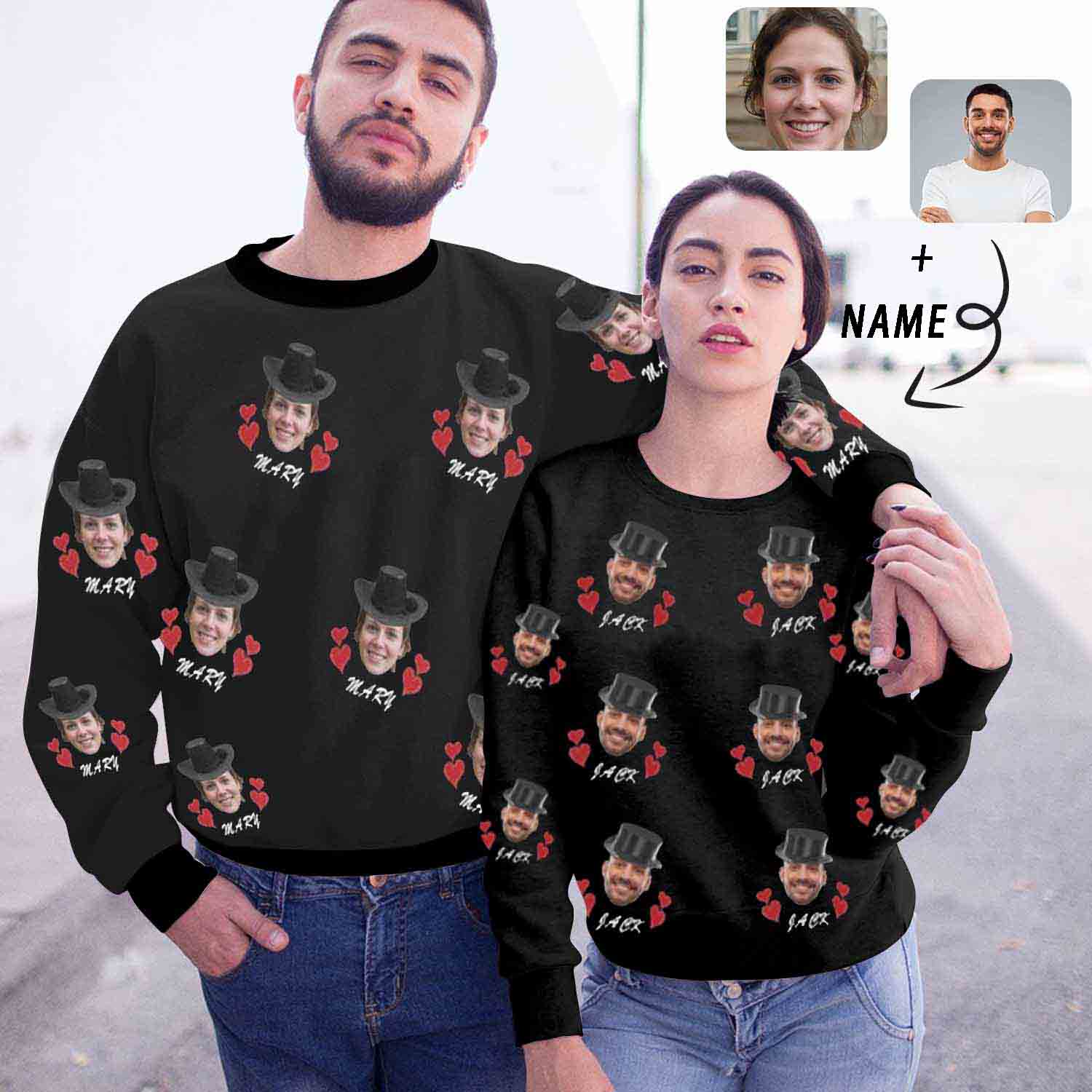 Custom Custom Face & Name Couple Sweatshirt Personalized Love Heart Matching Loose Sweatshirt for Him and Her Unisex Couple Crewneck Long Sleeve T-shirt - YesCustom