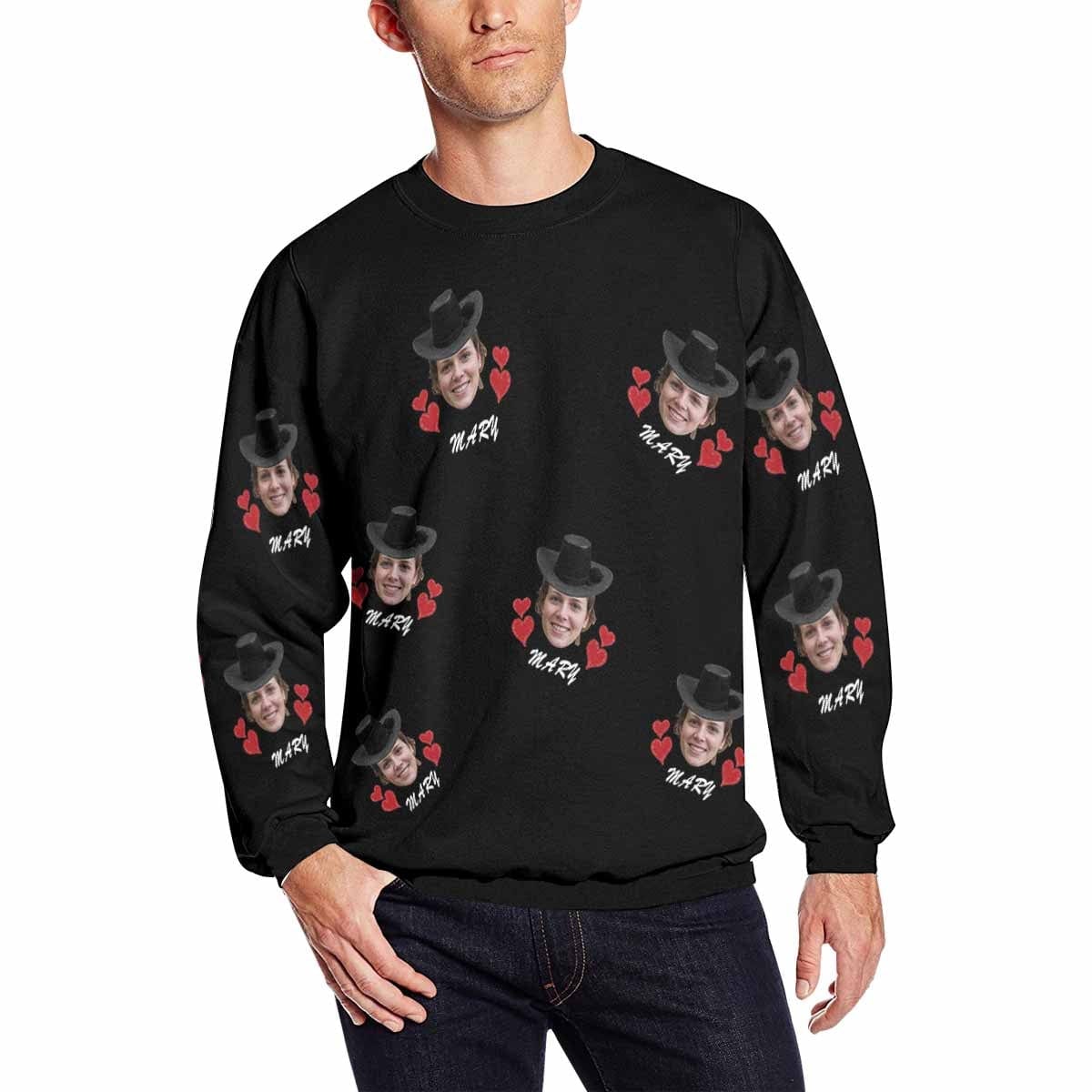 Custom Custom Face & Name Couple Sweatshirt Personalized Love Heart Matching Loose Sweatshirt for Him and Her Unisex Couple Crewneck Long Sleeve T-shirt - YesCustom