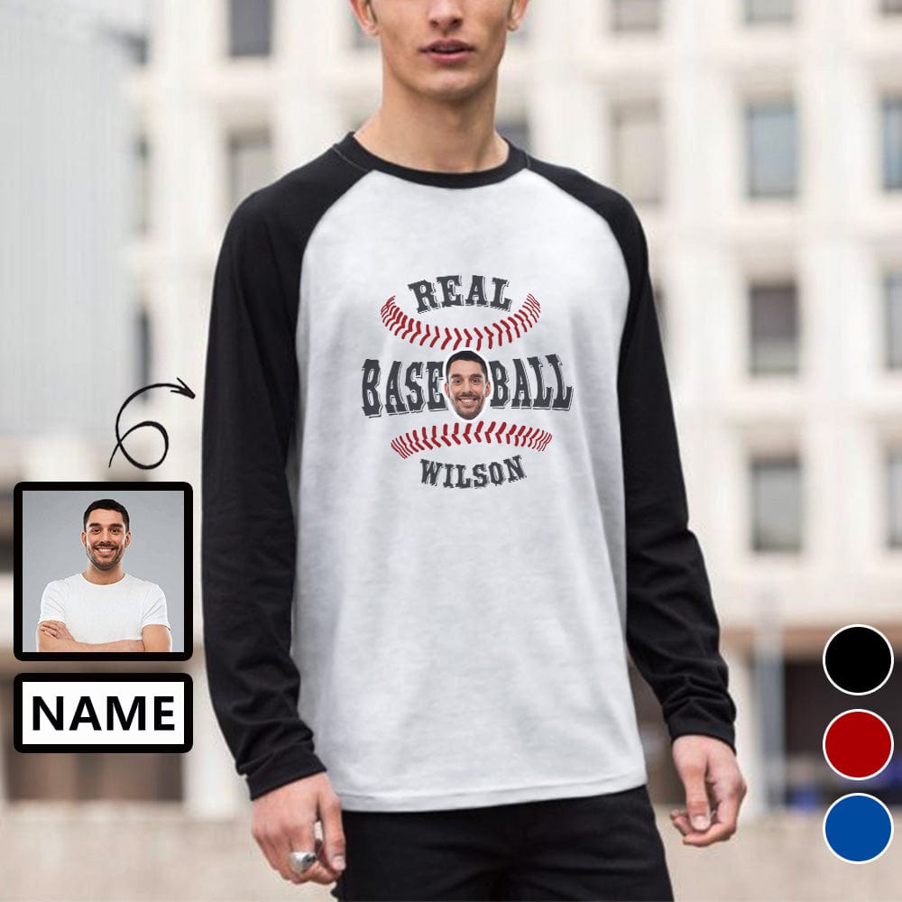 Custom Custom Face & Name Long Sleeve T-Shirt Multiple Colors Men's Casual Basic Soft Sports Raglan Baseball Tee Shirts - YesCustom
