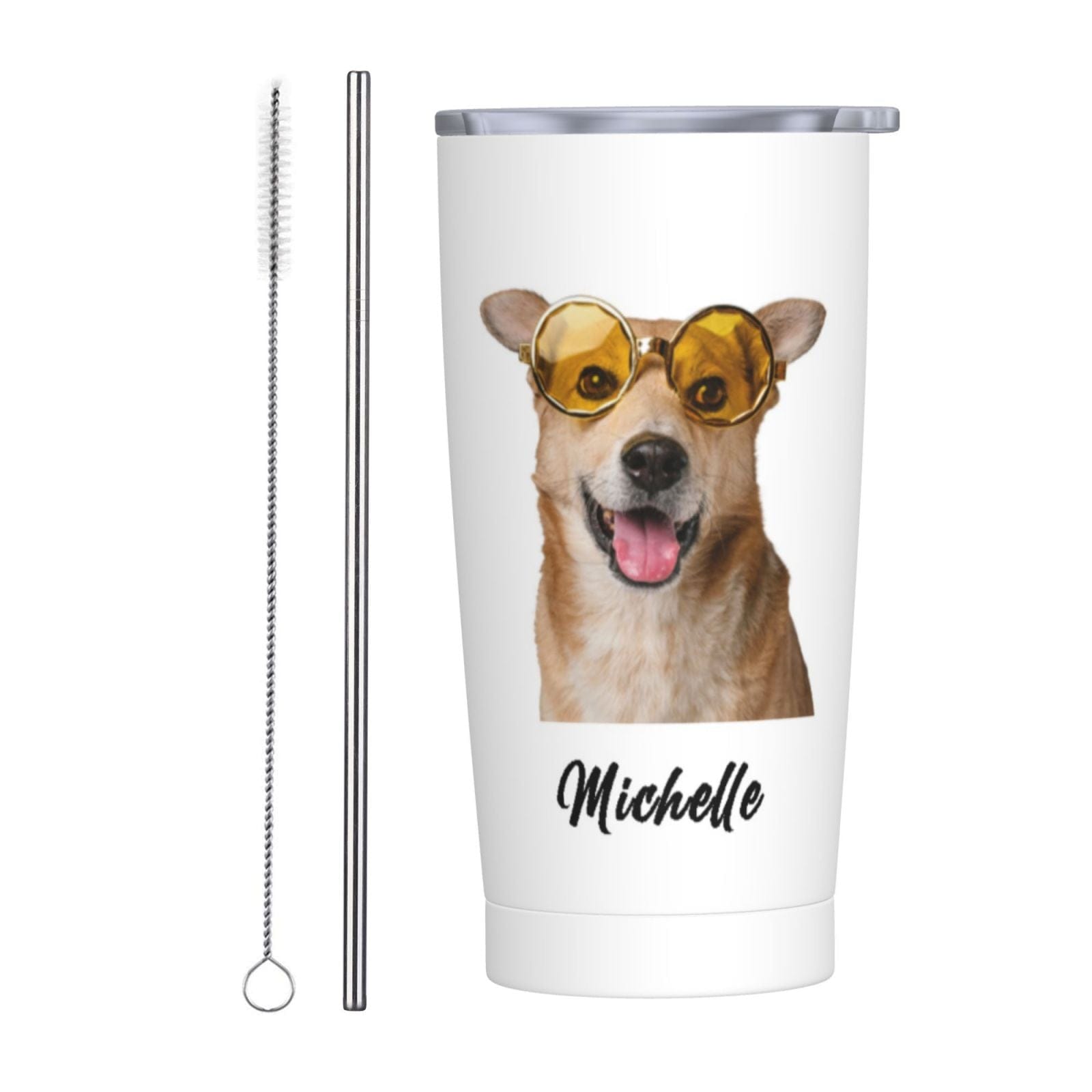 Custom Custom Face & Name Pet Dog White Background Travel Tumbler 20OZ Coffee Cup Stainless Steel Tumbler With Straw Vacuum Insulated Double Wall Travel Coffee Mug Personalized Gifts - YesCustom