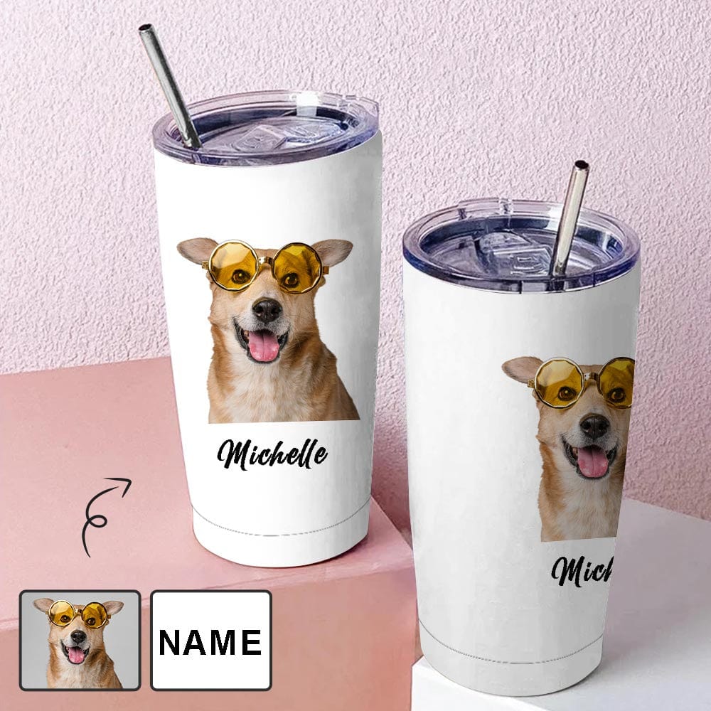 Custom Custom Face & Name Pet Dog White Background Travel Tumbler 20OZ Coffee Cup Stainless Steel Tumbler With Straw Vacuum Insulated Double Wall Travel Coffee Mug Personalized Gifts - YesCustom