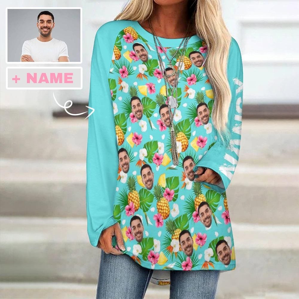Custom Custom Face & Name Round Neck Long Sleeve T-shirt Women's Design Green Pineapple Shirts - YesCustom