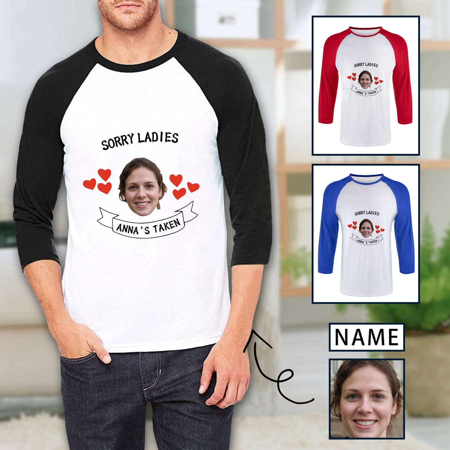 Custom Custom Face & Name Three Quarter Sleeve T-Shirt Multiple Colors Men's Casual Basic Soft Sports Raglan Baseball Tee Shirts with Little Red Heart - YesCustom