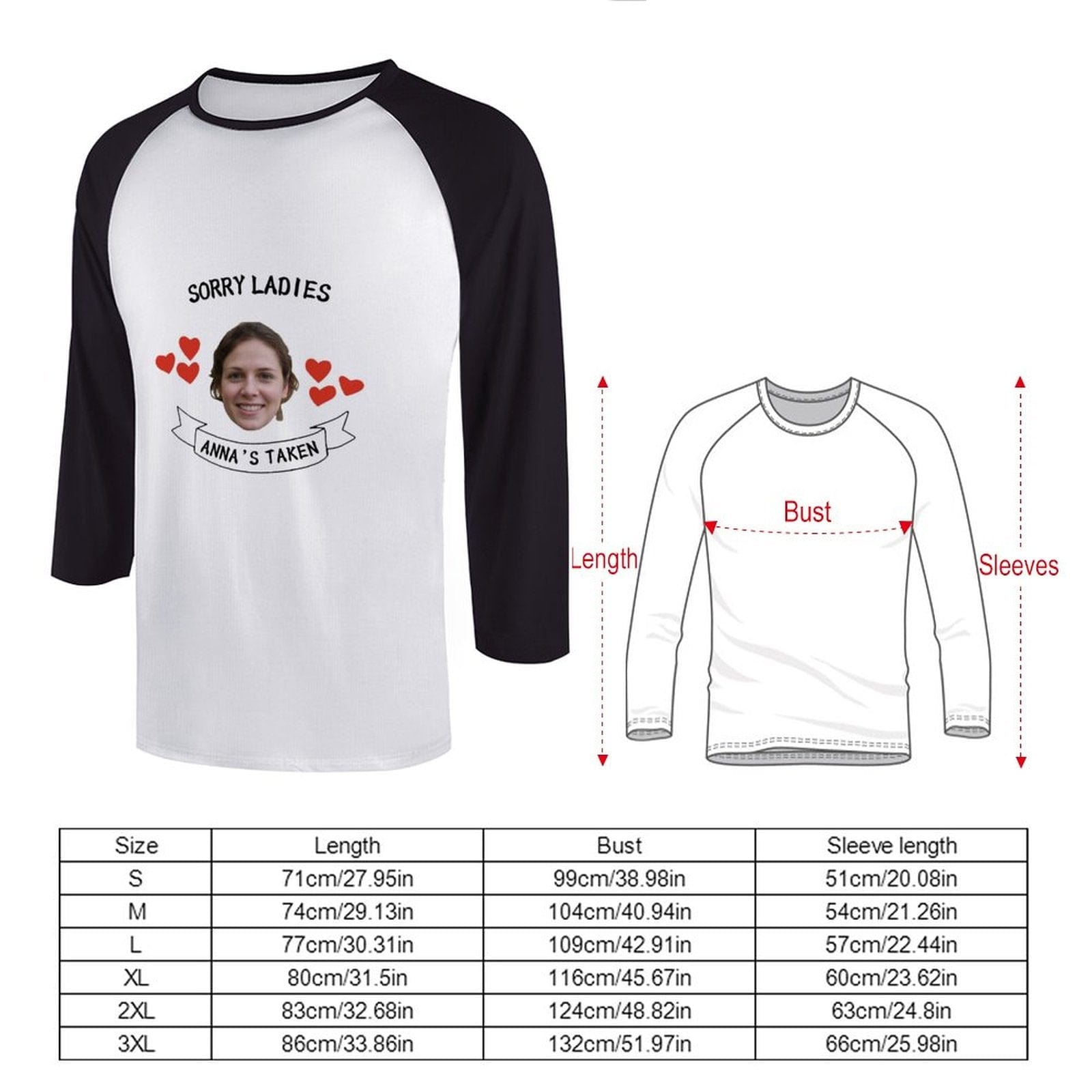 Custom Custom Face & Name Three Quarter Sleeve T-Shirt Multiple Colors Men's Casual Basic Soft Sports Raglan Baseball Tee Shirts with Little Red Heart - YesCustom