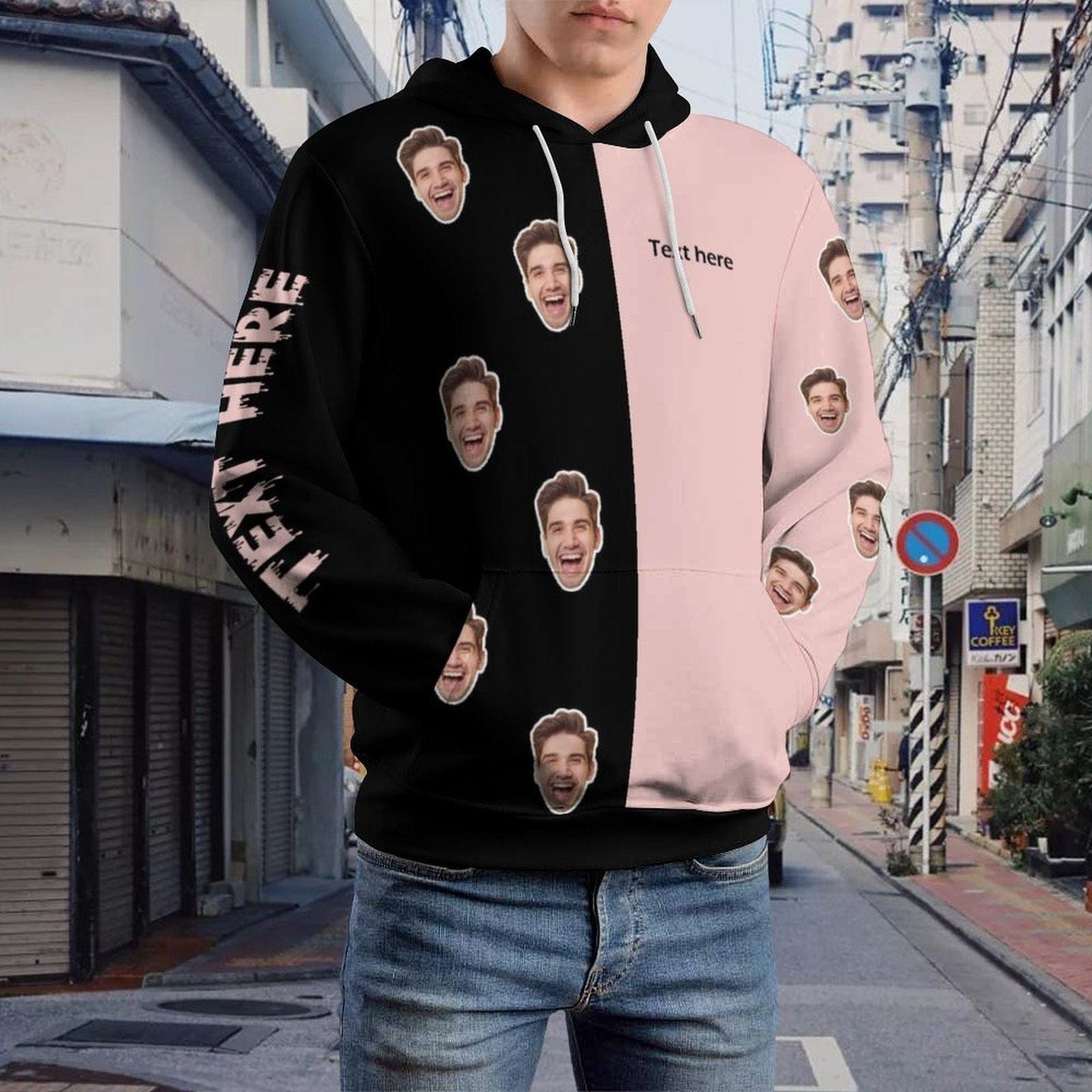 Custom Custom Face & Text Black And Pink Hoodie Personalized Big Face Loose Cool Hoodie Designs Top Outfits Plus Size for Him Her - YesCustom